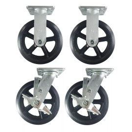 Hy-Weld 8" x 2" Heavy Duty "Rubber on Cast Iron" Caster - 2 Rigids & 2 Swivels w/ Brake