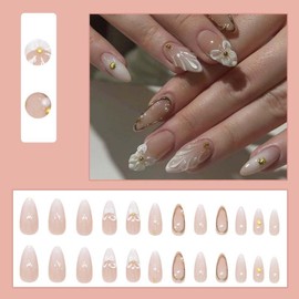 LINMEIZAI 24Pcs Press on Nails Short Almond Fake Nails Press ons Nail Tips Glue on Nails Full Cover Acrylic Nail Kit False Nails Stickers 3D Nail Art with Pearl Gold Flower Design for Women Manicure