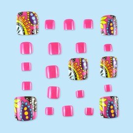 POWPOP Pink Press-On Toenails, Short Square, 24PCS, Full Cover, ABS Plastic, Reusable, Hot Pink Acrylic, Flower Totem Designs, DIY Nail Art, Wedding, Prom, Party