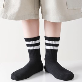 Mini angel Kids Socks Boys Girls Crew Socks 8-11 Years White Seamless Cotton Ankle Athletic Socks with Retro Stripes 5 Pairs (Black,White,L)