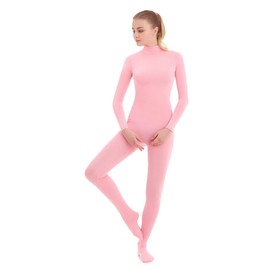 SUPRNOWA Women's Jumpsuit Bodycon Footed Unitard Long Sleeve Bodysuit with Zipper Comfortable Spandex One-Piece Dance Costume (S, Pink Footed)