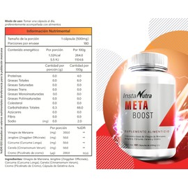 META Boost: Metabolismo. Vinagre de Manzana con Cúrcuma, Jengibre, Canela y Cromo, Keto, sin sabor, sin azúcar, NON GMO, 180 capsulas de 500 mg InstaNutra
