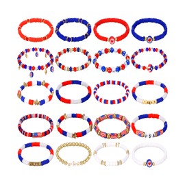 Henoyso 20 Pcs Patriotic Heishi Surfer Bracelets for Women, 4th of July American Flag USA Stackable Bracelets Rainbow Friendship Polymer Clay Stretch Vinyl Disc Beaded Bracelets