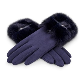Rose Black Women's Elegant Suede Gloves with Fur - Finest Selection, blue