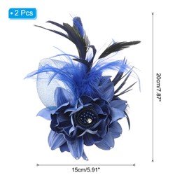PATIKIL Floral Hair Clip, 2 Pcs Elegant Flower Feather Brooch Pin Hat Silk Wedding Party Dance Banquet Pins Accessories Camellia Charm Lady Dress Suit, Blue with Black Feathers