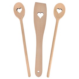 Balna Set of 3 Heart Shaped Wooden Cooking Spoons, Wooden Gift Ideal for Wedding Lovers Birthday, Kitchen Set 2 Wooden Spoons + 1 Spatula 30 cm