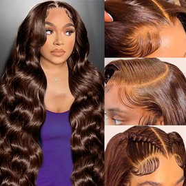 200% Density Chocolate Brown Lace Front Wigs Human Hair for Women 13x4 HD Lace Frontal Body Wave Lace Frontal Wigs Human Hair Pre Plucked with Baby Hair 18 Inch so Thick #4 colored