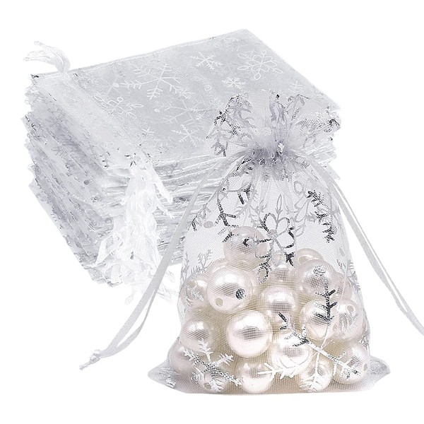 HRX Package Organza Bags Christmas 9 x 12 cm Pack of 100 White Gift Bags Jewellery Bag Mesh Bag with Drawstring (Snowflakes)