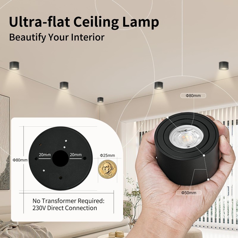 GeyouLux LED Surface-Mounted Spotlights, Dimmable, Extra Flat, 30° Swivel, Diameter