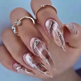 Fall Press on Nails Medium Stiletto MABKJLF Fake Nails Pink Marble Full Cover False Nails with Gold Glitter Designs Glossy False Nails with Nail Designs Artificial Acrylic Nails for Women Girls 24Pcs