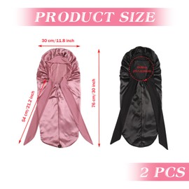 Satin Bonnet Extra Long Silk Sleep Bonnets for Women Adjustable Satin Night Sleeping Cap with Elastic Band Silk Hair Cap for Sleeping Hair Bonnet for Long Curly Hair Braid (Black, Pink, 2 Pcs)