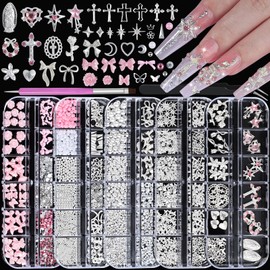 5 Boxes Silver Nail Charms and Gems Kit, 3D Flower Heart Cross Star Bow Nail Art Charms Pink White Flatback Pearls and Rhinestones Mini Metal Caviar Beads with Tweezers for Nails Design