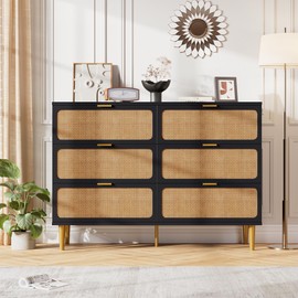 Rattan 6 Drawer Dresser for Bedroom, Large Double Dresser with Deep Drawers, Long Wooden Chest of Drawers for Closet with Wide Top, for Living Room, Hallway, Kids Room, Black