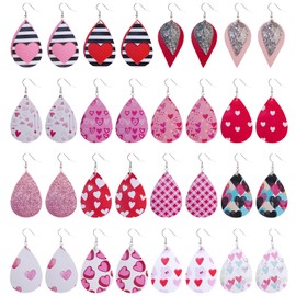 Nydotd 16 Pairs Valentine's Day Leather Earrings for Women, Heart Faux Leather Teardrop Dangle Earrings Wedding Lightweight Drop Earrings Set Valentine Day Gift (Drop)