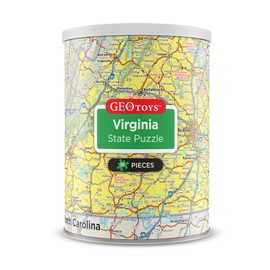 Geotoys Virginia Mini State Puzzle – 70 Piece Puzzles for Kids and Adults in Portable Can, 13" x 7" Educational Travel Puzzle for Ages 7 and Up – Mini Puzzles to Learn & Explore Geography
