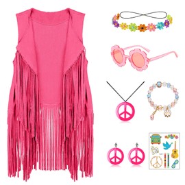 Dwieey 8 Pcs 60s 70s Outfits for Kids Girls Hippie Costume Disco Outfits Fringe Vest Peace Sign Earring Accessories Set