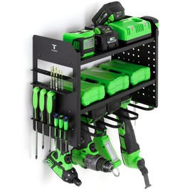 Power Tool Organizer Wall Mount, 4 Layer Heavy Duty Metal Tool Storage Rack with 4 Drill Holders, Pegboard Side Panels & Hooks, Garage Tool Organizer Wall Mount for Cordless Tools, Workshop, Shed