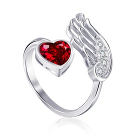 Qings Garnet Birthstone Heart Ring for Women 925 Sterling Silver Guardian Angel Wing Feather Open Adjustable Red Crystal Engagement Promise Rings January Birthstones Jewellery Gifts for Girls