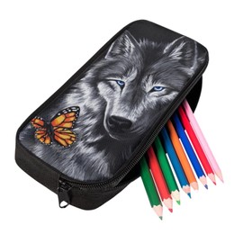 COEQINE Grey Wolf Print Student Girls Boys Pen Case Pencil Bag Holder with Zipper Large Capacity Stationery Organizer for School Office Supplies