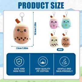 Pack of 4 Bubble Tea Plush Toy, Small Bubble Tea Cuddly Toy, Plush Animal Toy with Keyring, Stuffed Plush Children's Toy with Key Ring, for Children's Birthday Party Gifts, Colour A