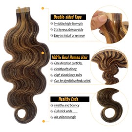 Hair Extensions Real Human Hair Body Wave Tape in Hair Extensions Brown Highlights Blonde Human Hair Tape in Extensions 22 Inch 50g 20pcs Invisible Tape ins Human Hair Extensions for Black Women