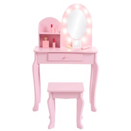 dainslef Toddler Vanity & Stool Set with Lighted Mirror - Girls Pretend Makeup Play Table, Storage Drawer for Ages 3-9, Pink