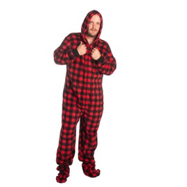 BIG FEET PAJAMA CO. Hoodie Footed Buffalo Plaid Fleece Adult Unisex Onesie Pajamas (L)