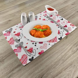 Ambesonne Valentine Place Mats Set of 4, Different Types of Heart Shapes Romance Love Theme Watercolor Striped Art, Washable Fabric Placemats for Dining Table, Standard Size, White Black