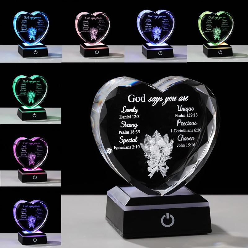 3D Glass Heart Christian Gifts for Women Men Faith Based