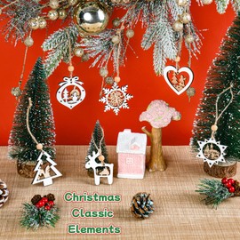 24 PCS Christmas Tree Ornaments, Wooden Christmas Ornaments Hanging Craft Decorations for Winter Wonderland, 3D Rustic Farmhouse Holiday Decors for Christmas Home Party Favors(White)