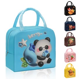 LAPOPNUT Kids Lunch Bag for Girls Boys Students,Reusable Cartoon Insulated Lunch Box,Easy Clean Waterproof Lunch Holder for Travel Picnic School,with Cutlery Bag and Name Tag,Blueberry Panda