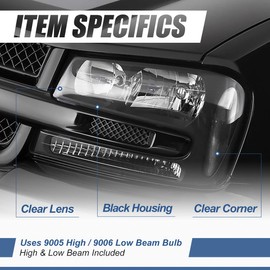 Auto Dynasty [Full Length Grill Bar Model] Factory Style Headlights Assembly Compatible with Chevy Trailblazer/Trailblazer EXT 02-09, Driver and Passenger Side, Black Housing Clear Corner