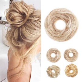 Rich Choices Human Hair Messy Bun Scrunchie Hair Pieces for Women Messy Bun Scrunchie Curly Updp Hair Bun Scrunchies Wavey Messy Bun Hair Extensions #12/613 Golden Brown mix Bleach Blonde