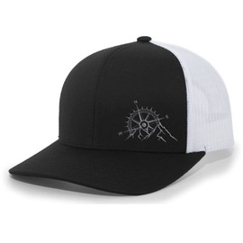 Trenz Shirt Company Men's Outdoors Mountain Scenic Forest Compass Woodland Embroidered Mesh Back Trucker Hat-Black/White