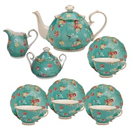 Gracie China by Coastline Imports Shabby Rose Teal 11-Piece 11pc Tea Set