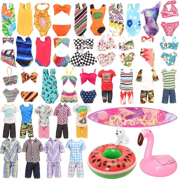 Miunana 12 Doll Clothes and Accessories = 3 Beach Clothes 1 Surfboard for Boy Dolls + 5 Swimsuits 2 Swim Ring Floaties 1 Dog for 11.5 Inch Girl Doll