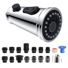 Hibbent Pull Down Kitchen Faucet Head Replacement, NSF/ANSI/CAN 61 & CUPC Certified 3-Function Sink Spray Nozzle with 15 Adapters, Compatible with Moen, Delta, Kohler Faucets-Chrome
