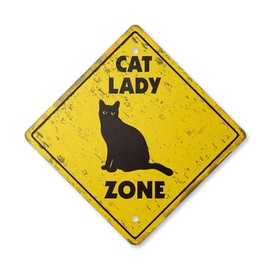 Cat Lady Vintage Crossing Sign Zone Xing | Indoor/Outdoor Plastic | 14" Tall Rustic Crazy Kitty Litter Kitten Cats Kennel Board