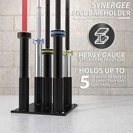 Synergee 5 Barbell Holder Storage & Organization for Home, Commercial, & Garage Gyms. Holds 5 Bars, EZ Curls, Hex Bars. Compact Vertical Peg Storage. Version 2