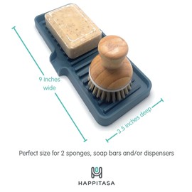 Happitasa Silicone Soap Dish Tray and Sponge Holder with Drain Chute | Bathroom and Kitchen Sink Organizer Caddy (Smoky Blue, 9"x3.5", 5.6 Ounces)