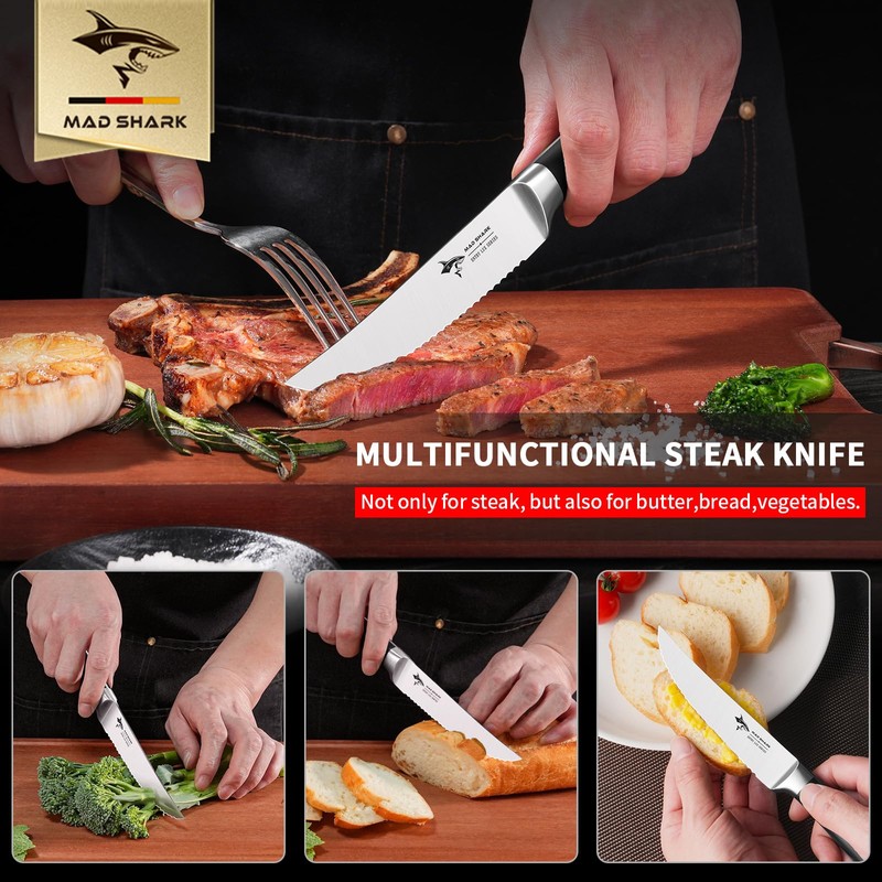 MAD SHARK Steak Knives Set of 8,Premium 12.6-inch Serrated Steak