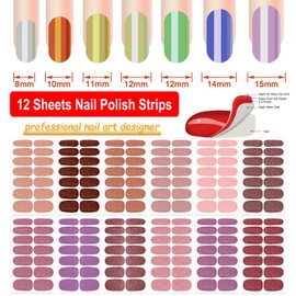 DANNEASY 12 Sheets Nail Polish Stickers Full Nail Wraps for Women Tiny Glitter Fingernails Wrap Self Adhesive Nail Polish Strips Gel Nail Strips with Nail File, Cuticle Stick