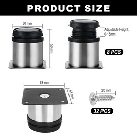 Bangbobi Pack of 8 Adjustable Furniture Feet, 5 cm, Stainless Steel, Round Furniture Feet for Cupboard, Sofa, Bed, Table, with Screws, 0-15 mm Height Adjustable, Stable and Durable