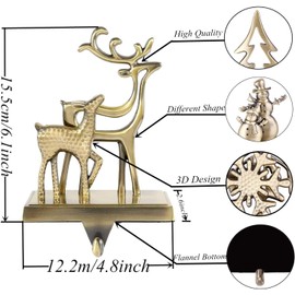 Set of 4 Christmas Stocking Holder for Mantel Metal Christmas Stocking Hangers for Fireplace-Xmas Tree Reindeer Snowflake Snowman Free Standing Mantel Hooks (Bronze Set)