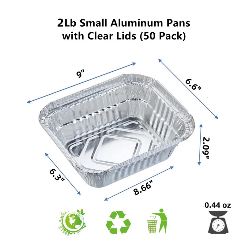 LUCKMETA 2 Lb Aluminum Foil Pans with Clear Lids (50
