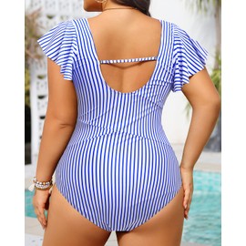 Tempt Me - Trajes de baño de una pieza para mujer, talla grande, control de abdomen, traje de baño 2025 con volantes, Raya azul, 16 Plus