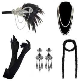 DRESHOW 1920s Great Gatsby Accessories for Women Flapper Headpiece Headband Gloves Costume Harlem Nights Accessories Set