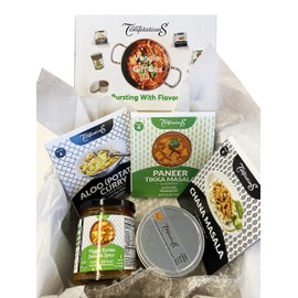 Indian Vegetarian Food Cooking Gift Set | 3 Cook-from-Scratch Spice kits make Chana Masala, Spicy Potato Curry, Paneer Tikka Masala | 100g 4-spice blend Organic Curry Powder | 7.5 oz Veggie Korma Curry Sauce | For Foodie or Beginner