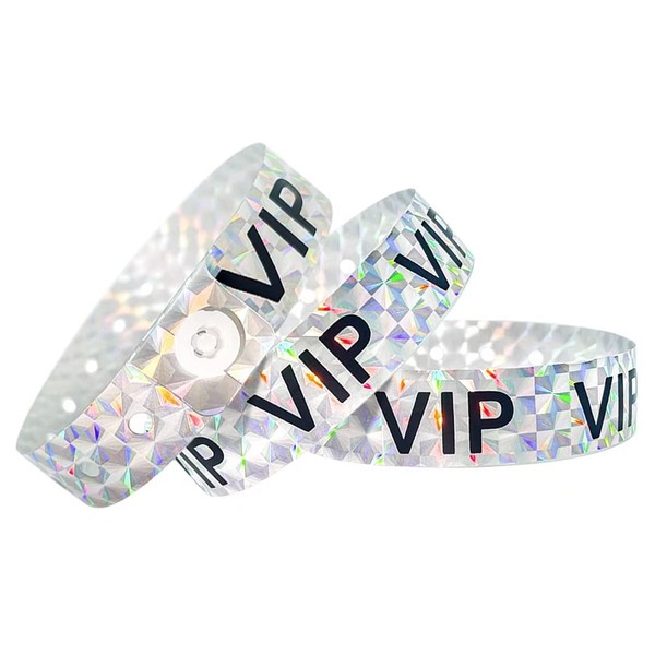 Ouchan Holographic VIP Plastic Wristbands Silver - 100 Pack Vinyl