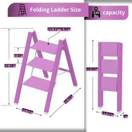 3 Step Lightweight Folding Ladder for Home, 330lbs Aluminum Step Ladder Anti-Slip for Kitchen, Step Stool Foldable Adults for Closet, 330lbs - Light Purple